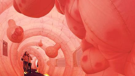 Begehbarer Darm. Besucher betrachten Wucherungen und Polypen in der 30 Meter langen Nachbildung eines menschlichen Darmes. Das etwa drei Meter hohe Modell in Dresden soll für die Darmkrebs-Vorsorge werben.