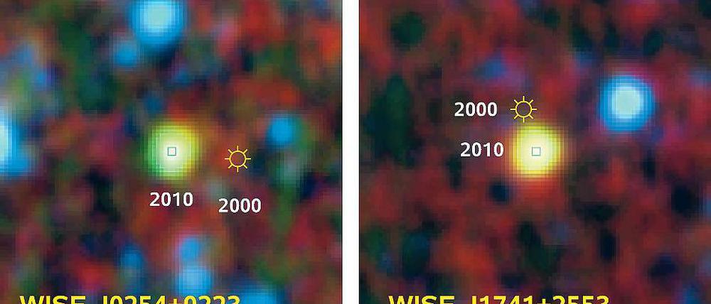 Glimmende Zwerge. In Nähe der Sonne wurden die beiden braunen Zwerge WISE J0254+0223 (l.) und WISE J1741+2553 entdeckt. Markiert sind auch die Positionen der Objekte in einer früheren Himmelsdurchmusterung im nahen Infrarotlicht vor etwa zehn Jahren.