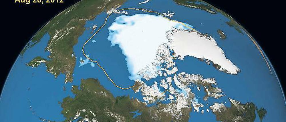Like Ice in the Sunshine. Die Eisbedeckung der Arktis nimmt Jahr für Jahr mehr ab (Markierung zeigt normale Ausdehnung) .