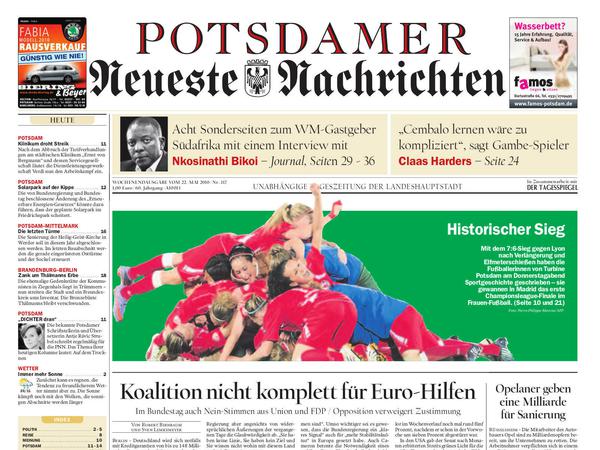 Die Titelseite der Potsdamer Neueste Nachrichten vom 22. Mai 2010.