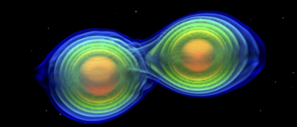 Dieses Bild zeigt eine Simulation zweier einander umkreisender und verschmelzender Neutronensterne.