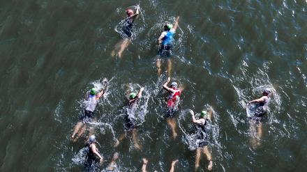 Auftakt zum Triumph. Beim Triathlon in Düsseldorf schwammen die Aktiven zunächst durch den Rhein.