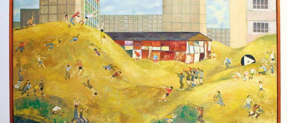 Makaberer Zeitvertreib. „Spiele im Neubauviertel“ hat Peter Rohn sein Gemälde aus dem Jahr 1974 genannt.