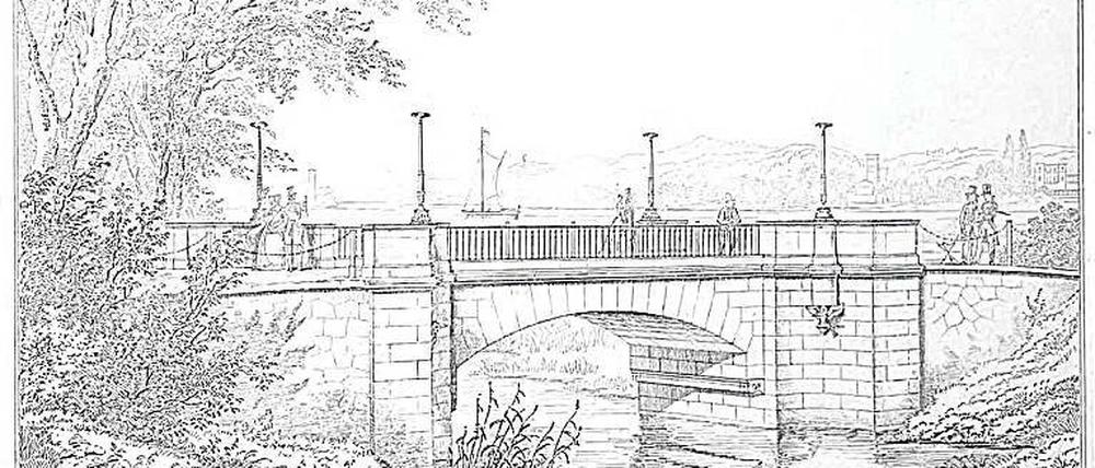 Königlicher Übergang. Die Schwanenbrücke im Neuen Garten im Jahr 1844. Seit 1945 steht an ihrer Stelle eine Behelfsbrücke.