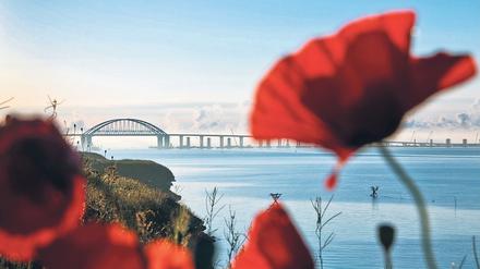 Die 19 Kilometer lange, neue Brücke zwischen Russland und der annektierten Krim überspannt die Meerenge von Kertsch.