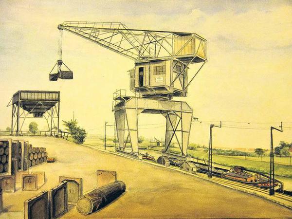Monstrum. 13 Meter hoch und 3,5 Tonnen schwer war der Kran am Teltower Industriehafen. Er brachte die Güter auf die Schiene der Industriebahn.