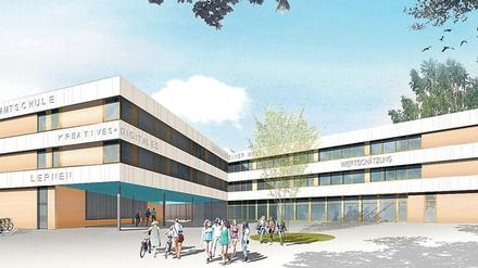 So soll die neue Gesamtschule, die der Landkreis ab dem Frühjahr an der Mahlower Straße in Teltow bauen lässt, aussehen.