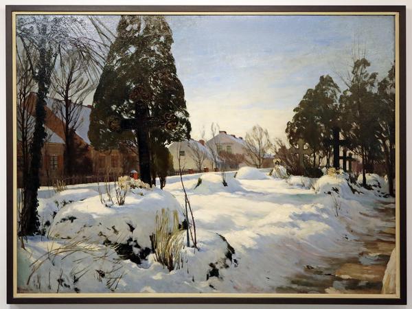 Beinahe realistisch wie auf einem Foto wirkt der Schnee bei Johannes Hänsch, "Verschneiter Friedhof", 1904.