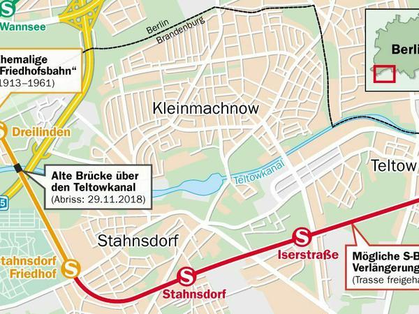 S-Bahn-Pläne. Rot ist die Verlängerung nach Stahnsdorf. 