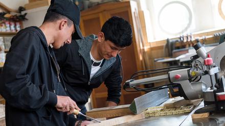 Zwei junge Geflüchtete aus Syrien und Afghanistan arbeiten in einer Holzwerkstatt (Symbolbild).