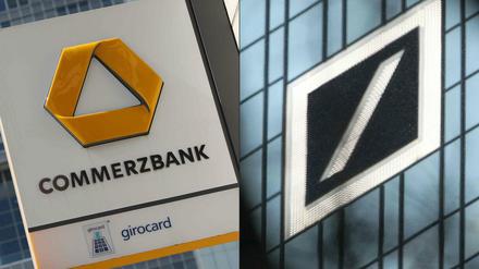Schilder von Commerzbank und Deutscher Bank in Frankfurt am Main.