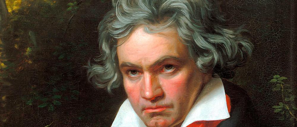 Ein Gemälde zeit Ludwig van Beethoven beim Komponieren.