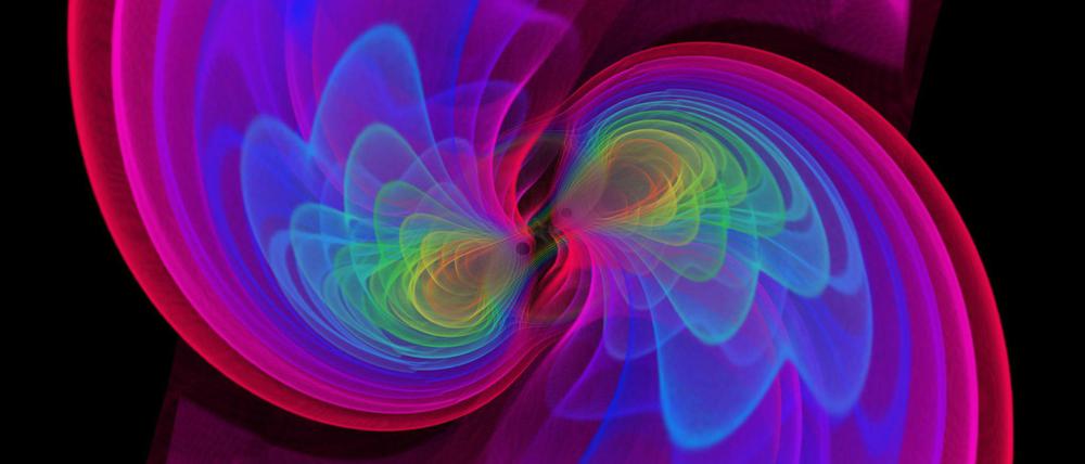 Echo der Kollision. Die Computeranimation zeigt wie Gravitationswellen beim Verschmelzen zweier schwarzer Löcher entstehen. Solchen Wellen wurden nun erstmals gemessen. 